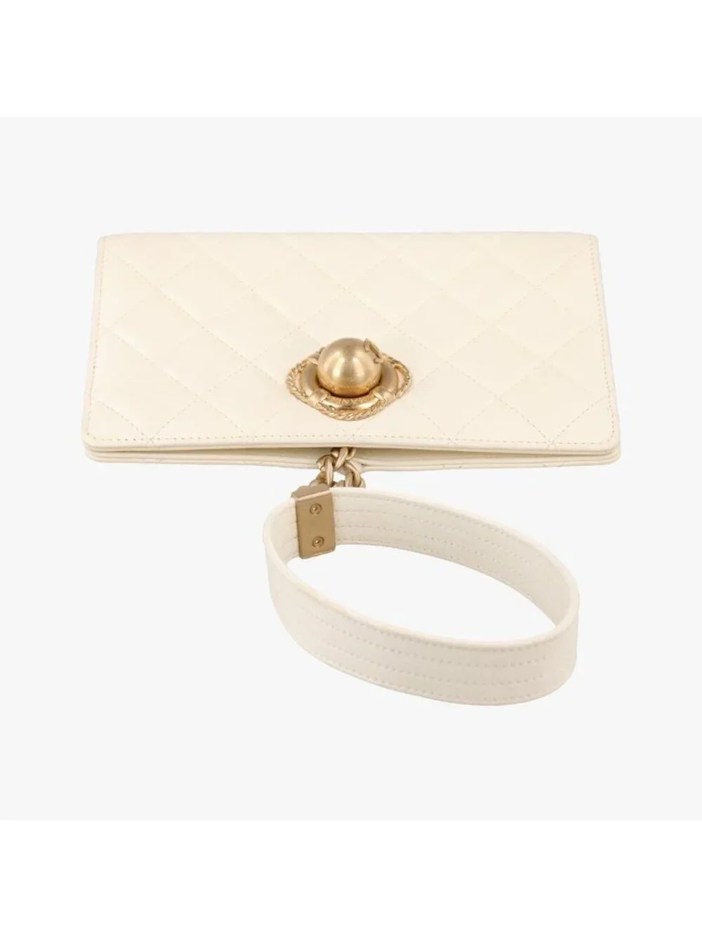 Chanel Quilted Bijou Large Golden Ball Wristlet Clutch White Lambskin